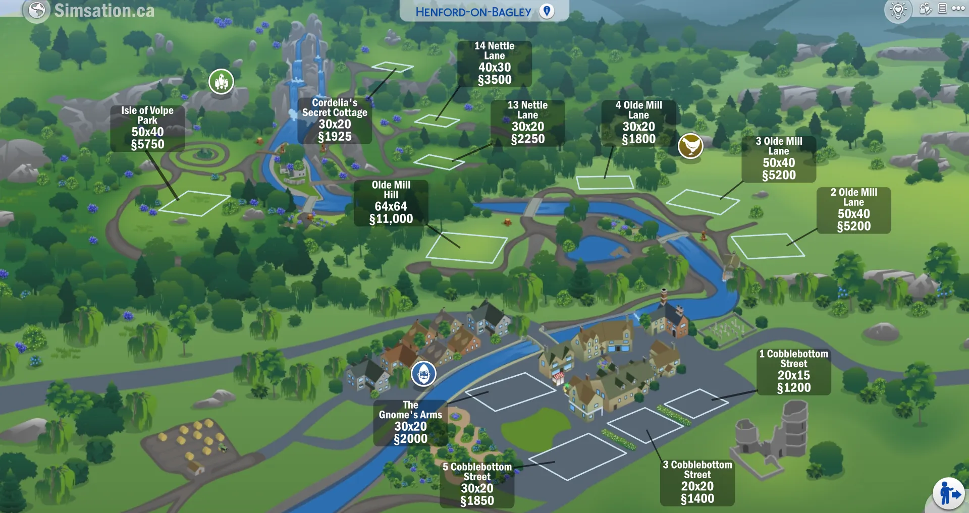 Labelled map of Henford-on-Bagley showing bulldozed lots